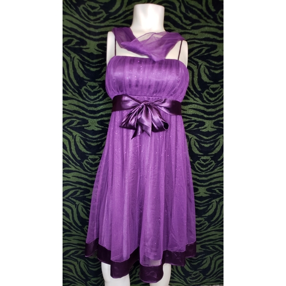 Purple glitter formal mini dress w/ sash - Picture 1 of 9